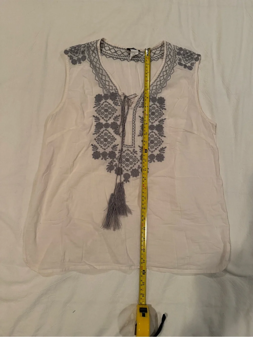 J. Crew White Sleeveless Embroidered Camisole with Gray Detail